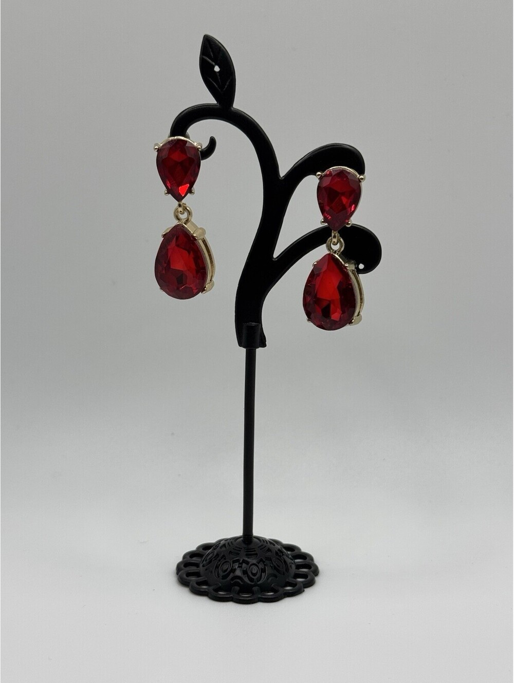 Macy's Red Crystal Teardrop Dangle Earrings Gold Tone Post Back Formal Jewelry